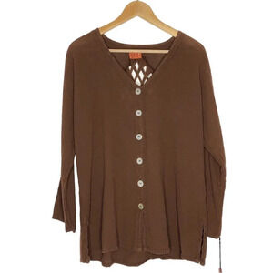 Oh My Gauze Oakley Maple 1 Brown Long Sleeve Button Down Fringe Top Size S/M